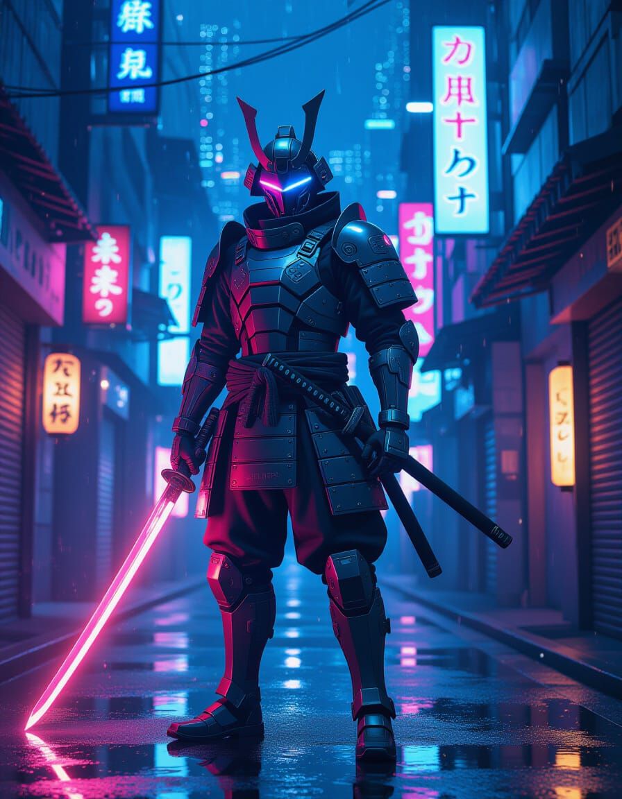 Cyberpunk Samurai Warrior in Neon Tokyo Alley