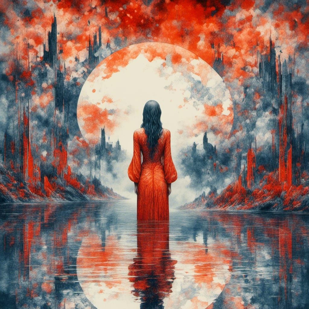 Surreal Woman in Lake with Portal, Watercolor Style