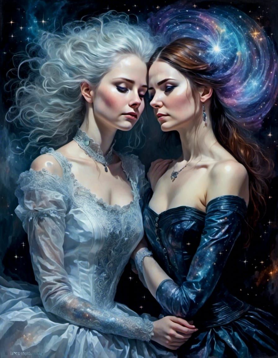 Lesbian Couple in Fantasy Clothes with Electrical Sparkles