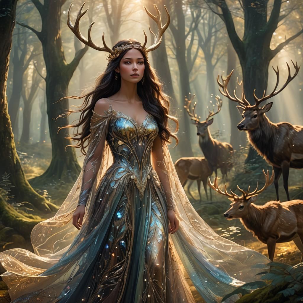 Enchanted Fairy and Stag in Sunlit Forest Clearing
