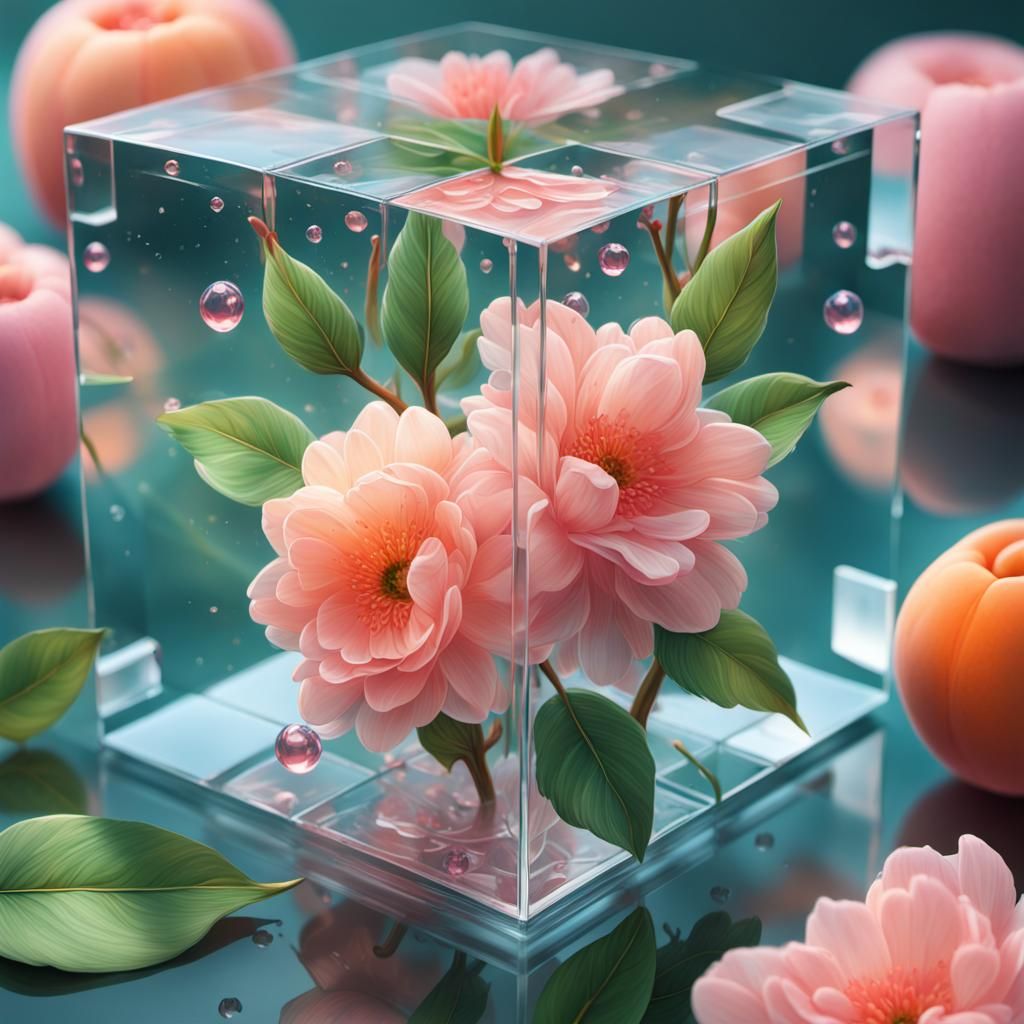 Flowers in Acrylic Cube: Hyperrealistic Digital Art