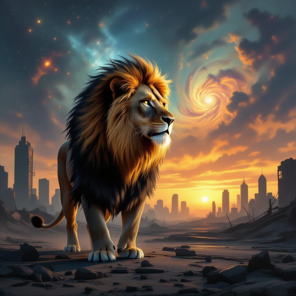 Nebula-Maned Lion in Post-Apocalyptic Cityscape: Impasto Sty...