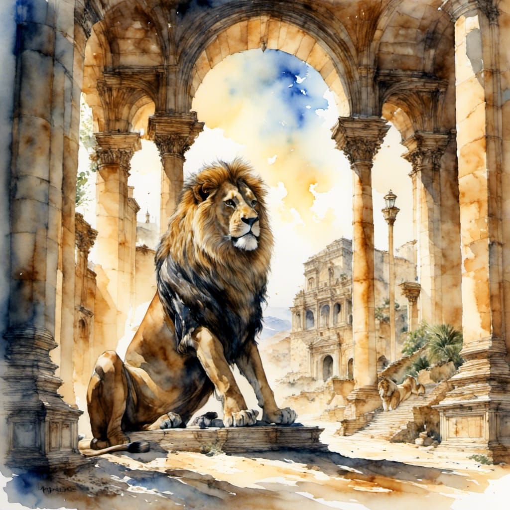 Daniel in the Lion's Den: Watercolor Style