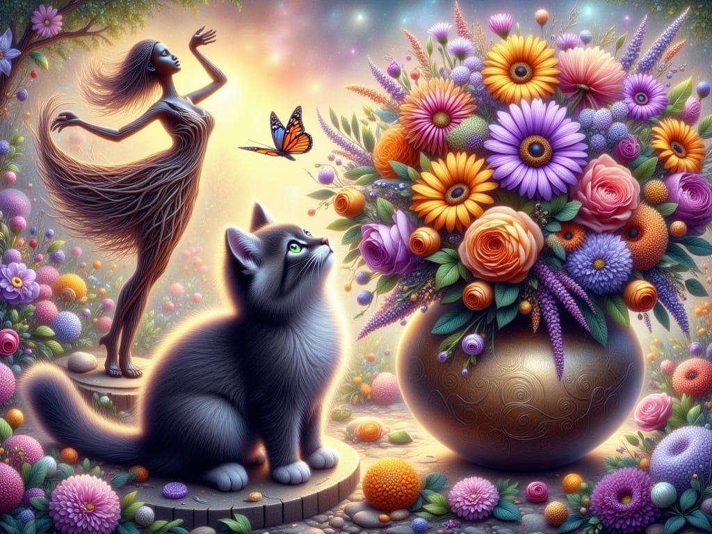 Whimsical Floral Fantasy with Kitten