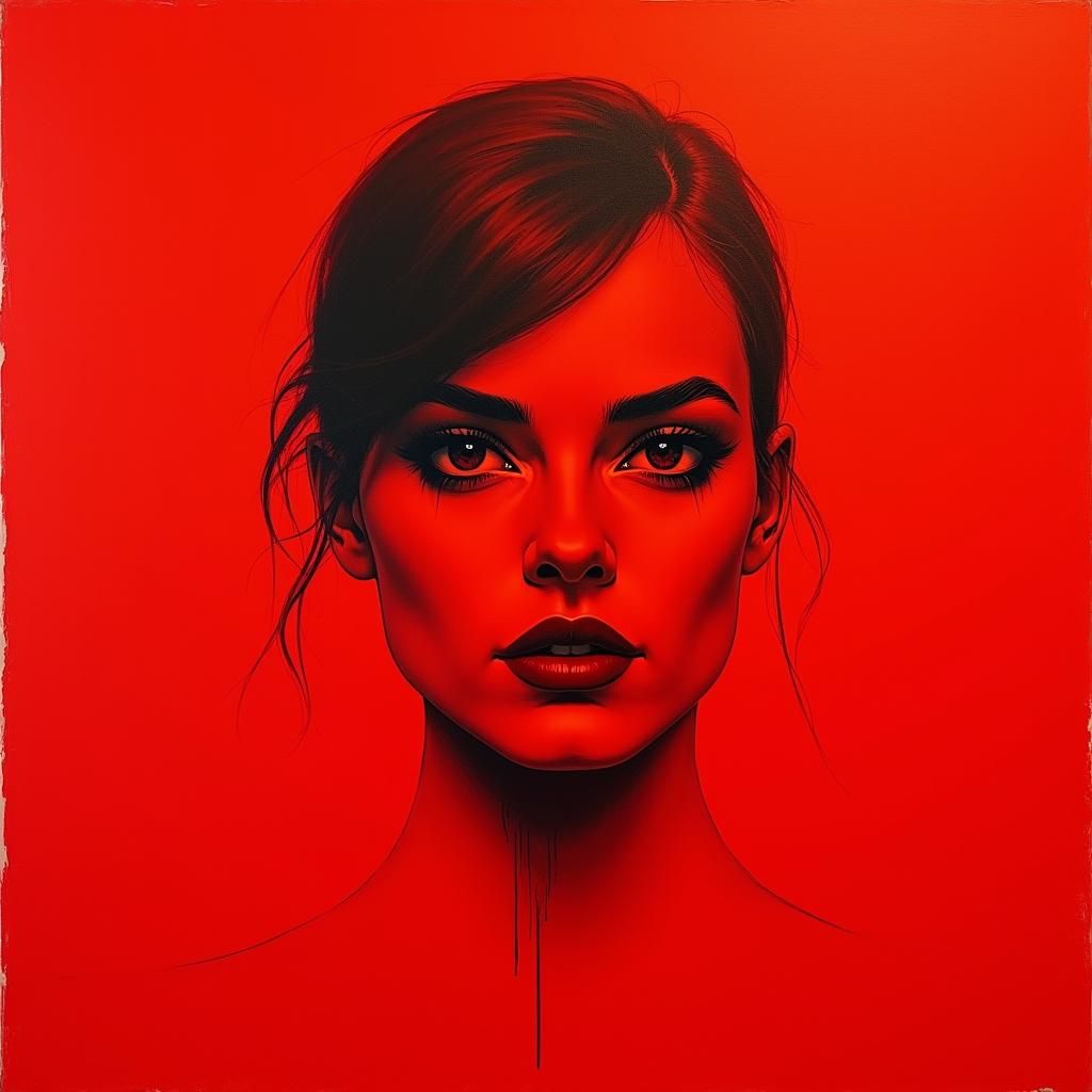 Monochromatic red painting. Red background with charcoal ske...