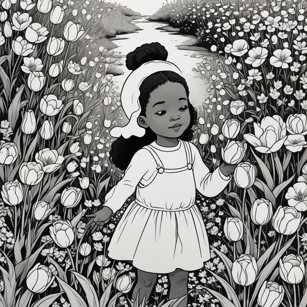 Child Spinning in Flower Garden: Minimalist Coloring Book De...