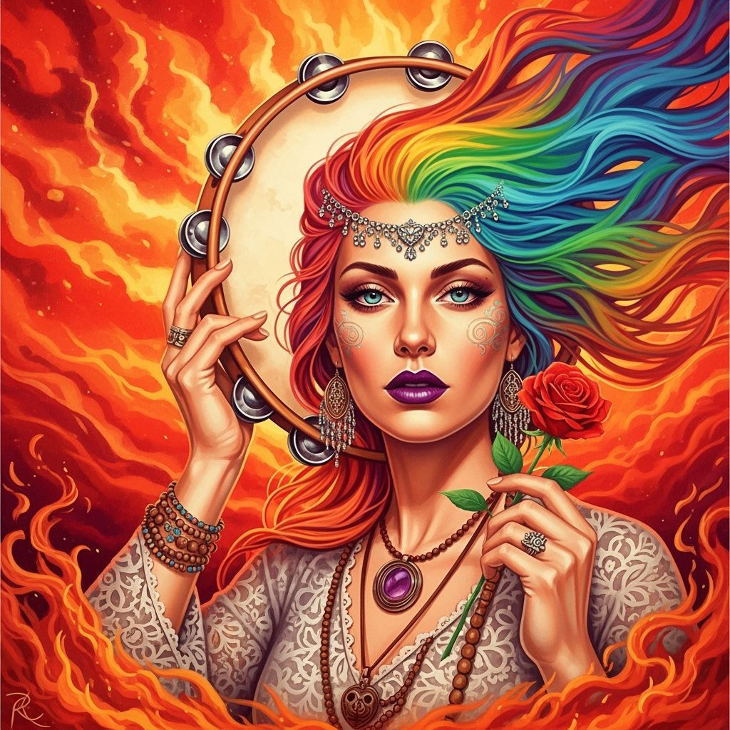 Mystical Woman with Tambourine Halo in Psychedelic Style