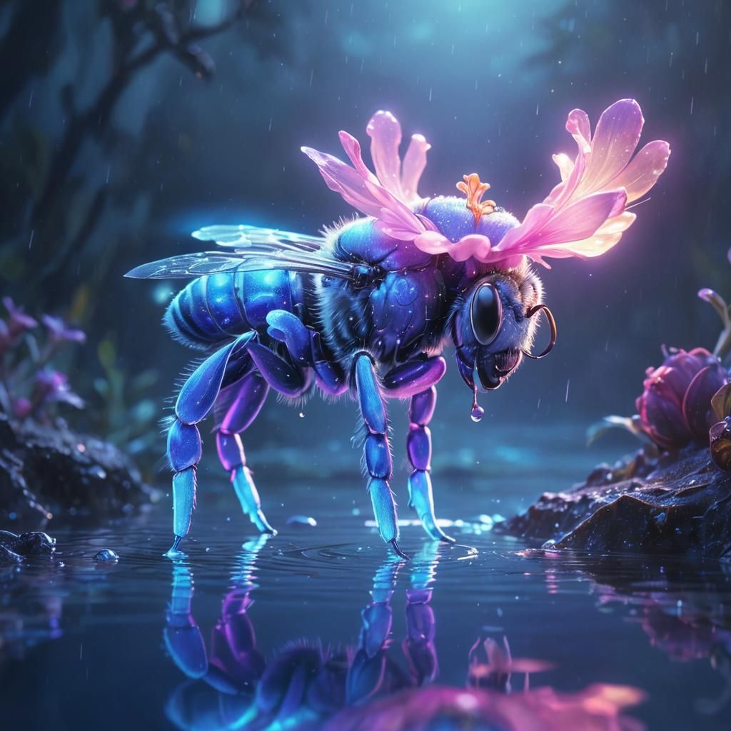 Bioluminescent Bee Sipping Nectar: Fantasy Concept Art