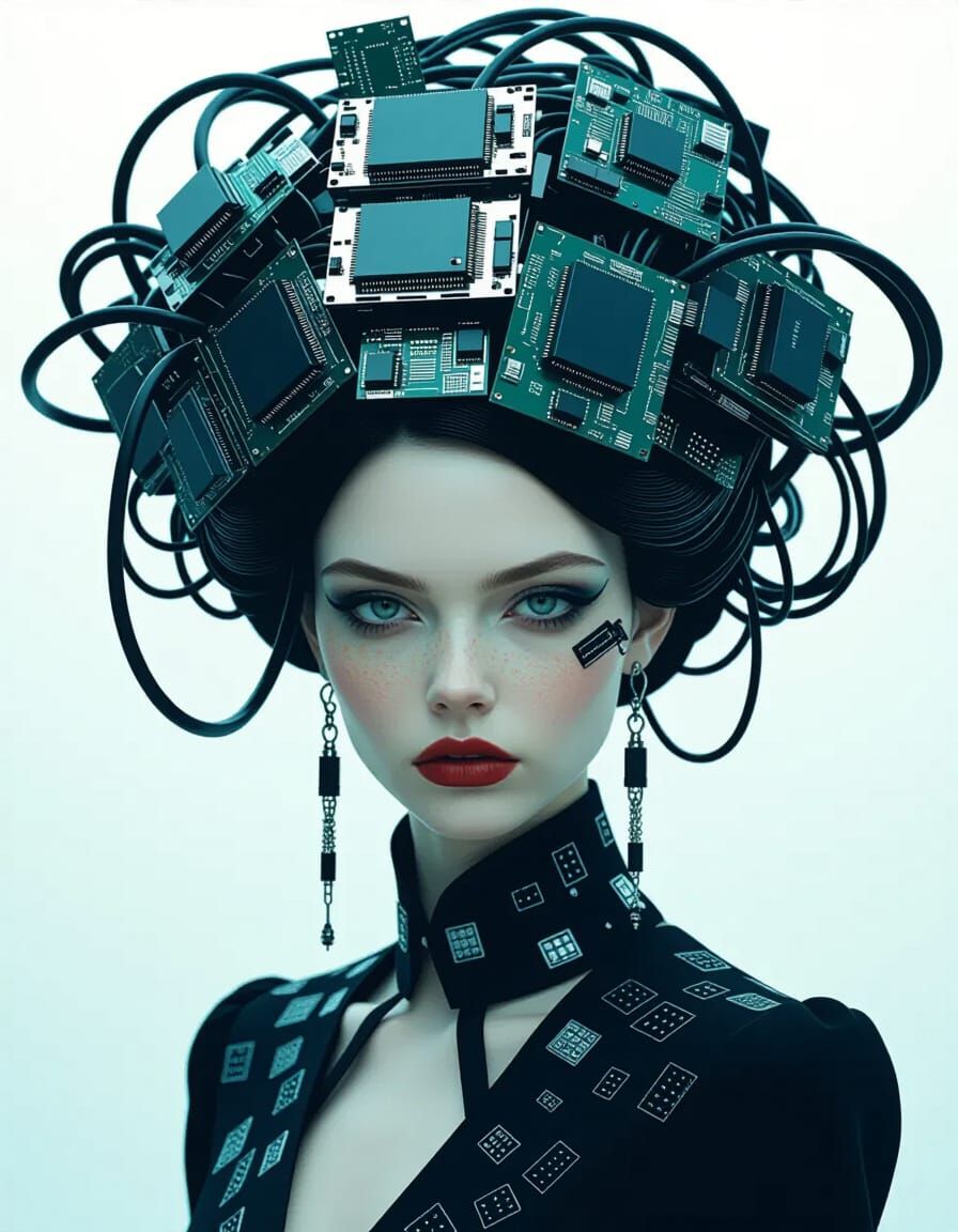 Surreal Woman in Circuit Board Headdress