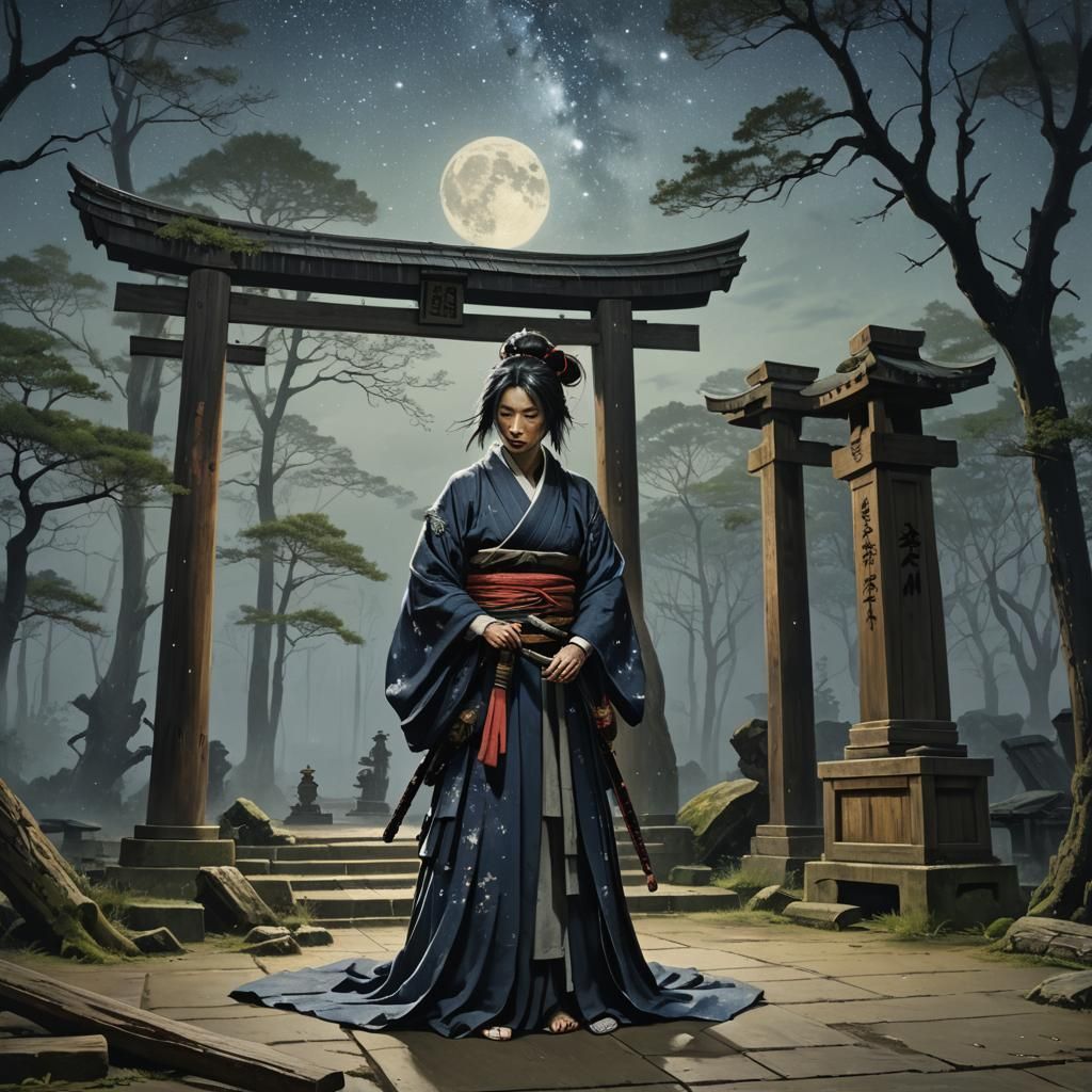 Ronin Samurai Praying Under Starry Night