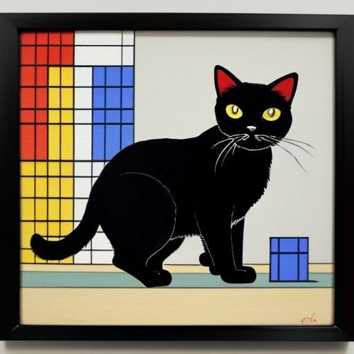 Vibrant Woodblock Feline Artwork in Geometric Style