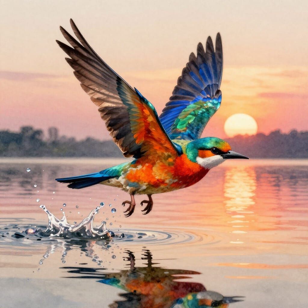 Vivid Bird Over Amber Sunset In Watercolor Style