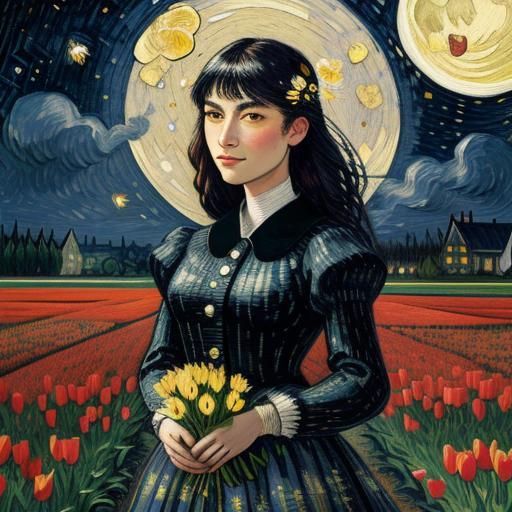 Girl in Tulip Field under Starry Night Sky