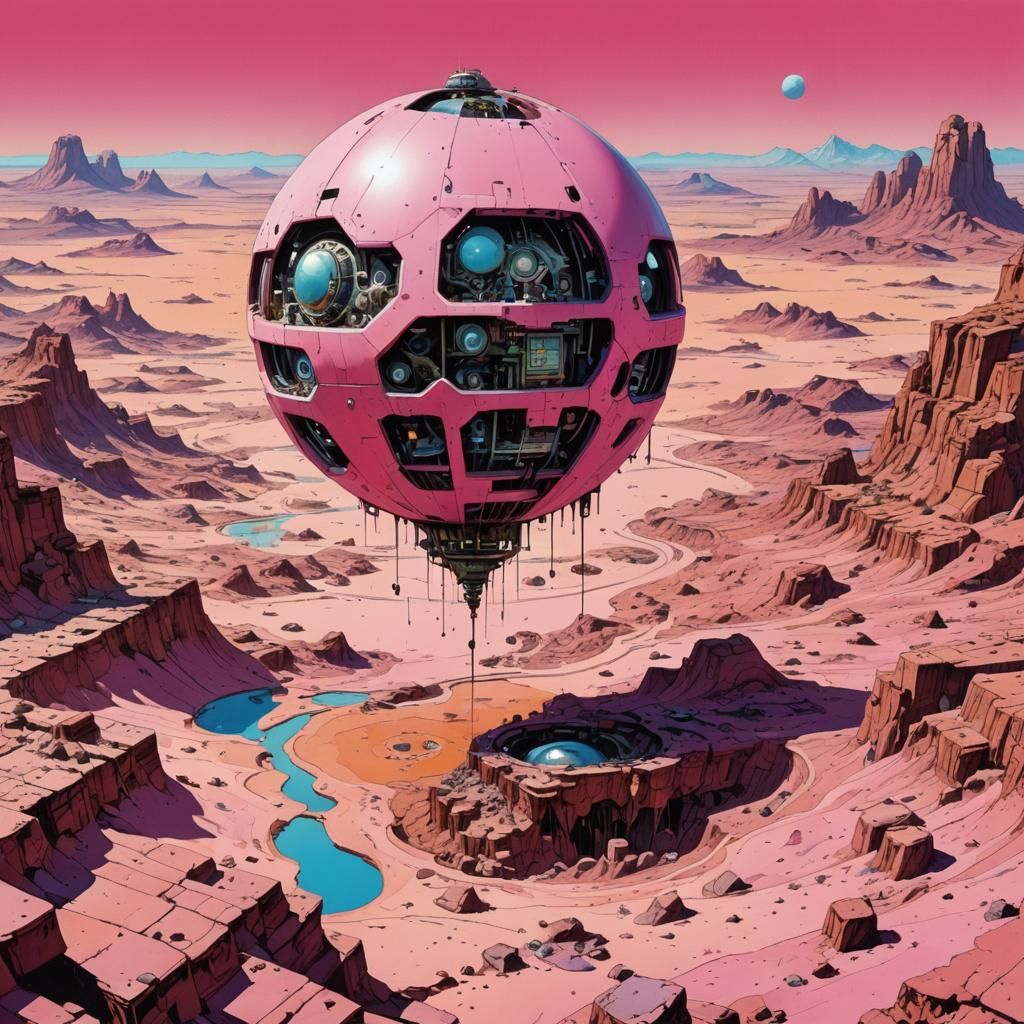 Mechanical Sphere Over Pink Desert: Moebius Style