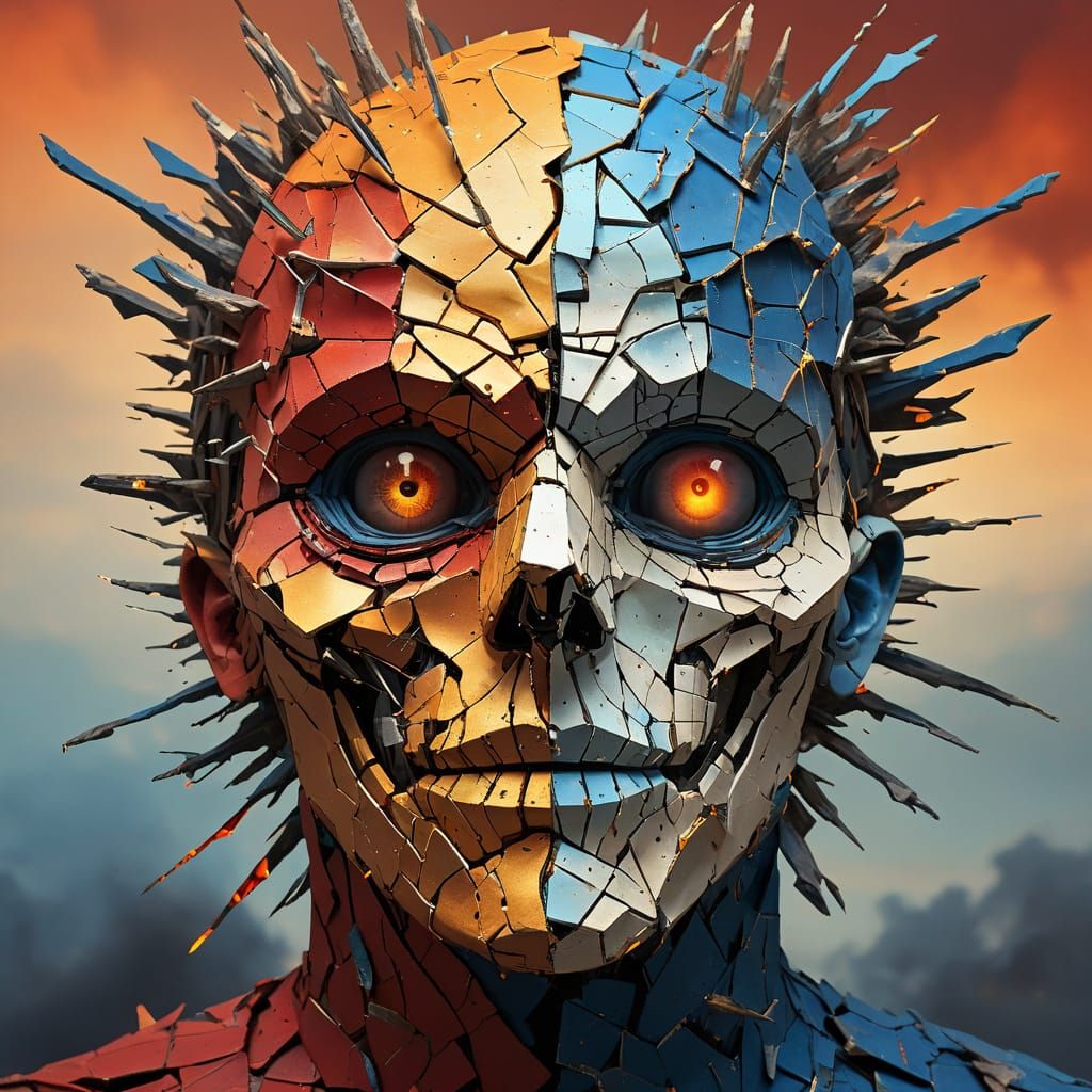 A surreal digital art depicting a 2D thorn paper face that appears to be breaking apart or cracking like a duality shell...