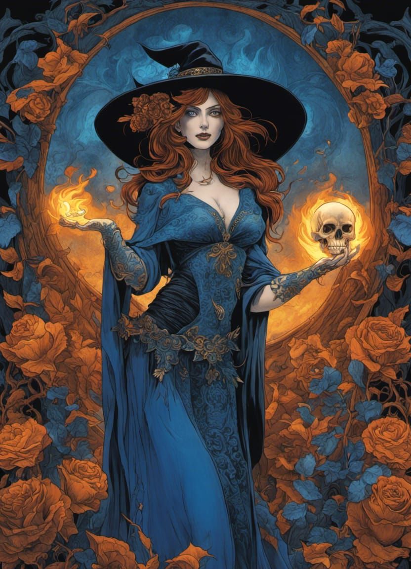 Witch Holding Blue Flaming Skull with Roses