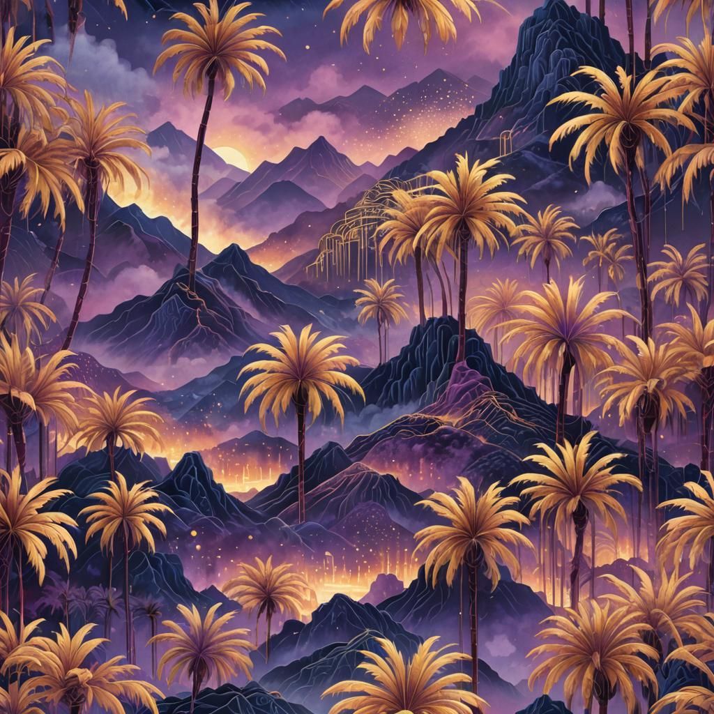 Art Deco Palm Maze with Mountain Backdrop
