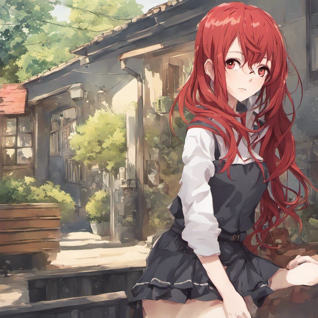 Anime Girl with Flowing Red Hair