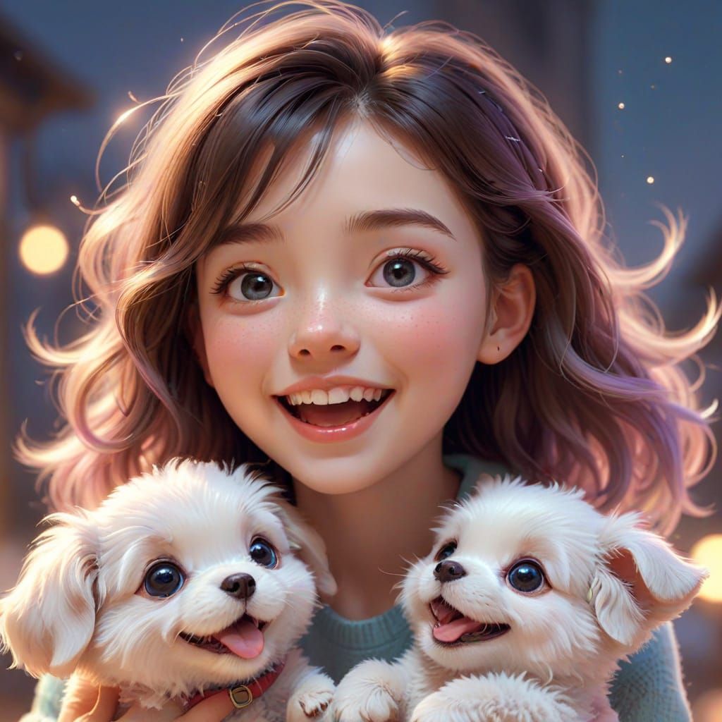 Kawaii Girl Plays with Puppy in Pastel Colors