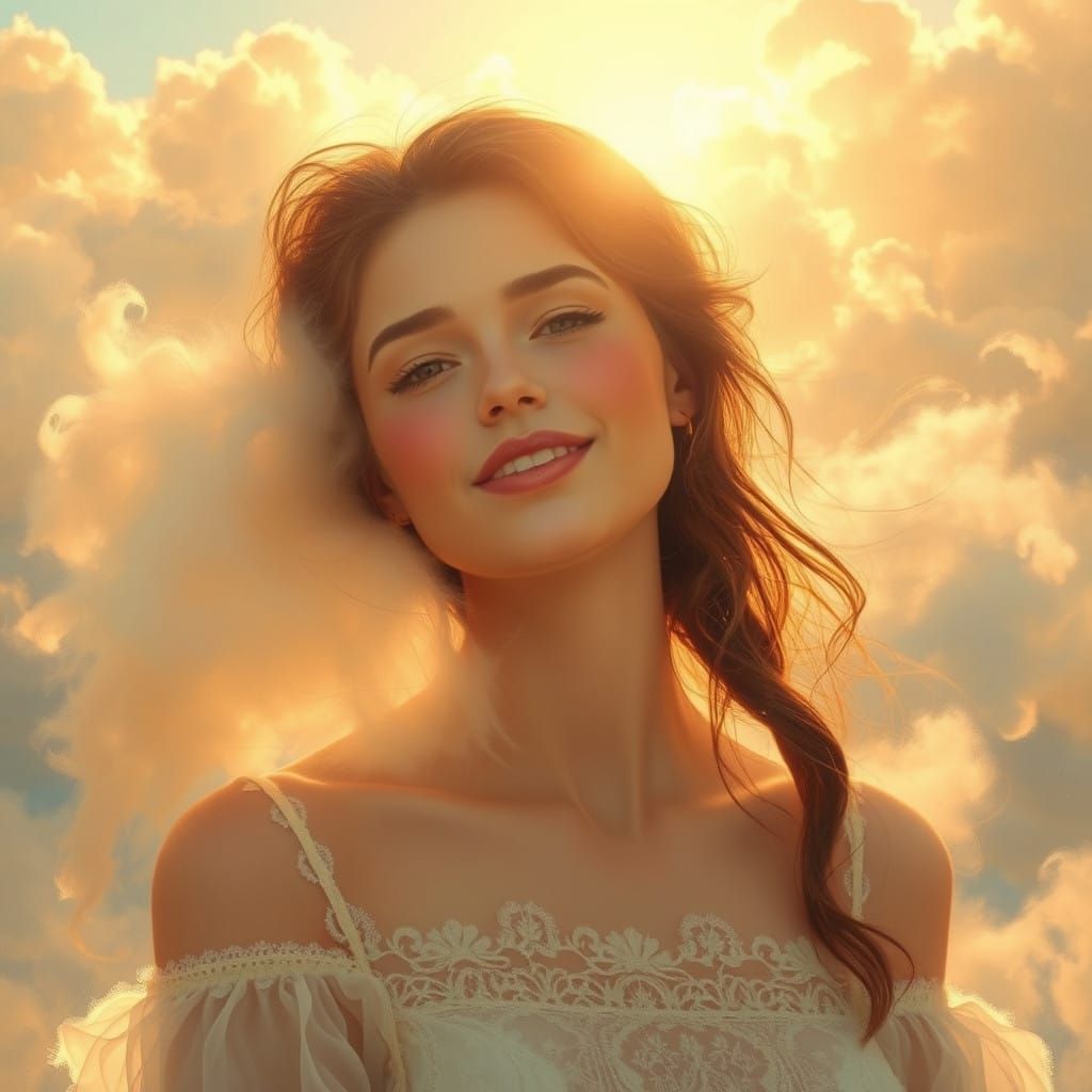 Soft Focus Ethereal Woman Basks in Heavenly Sunshine