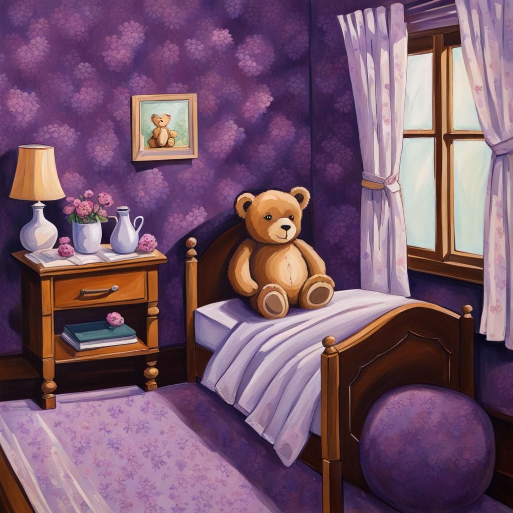 Teddy Bear in Purple Room: Gouache Detailed Painting