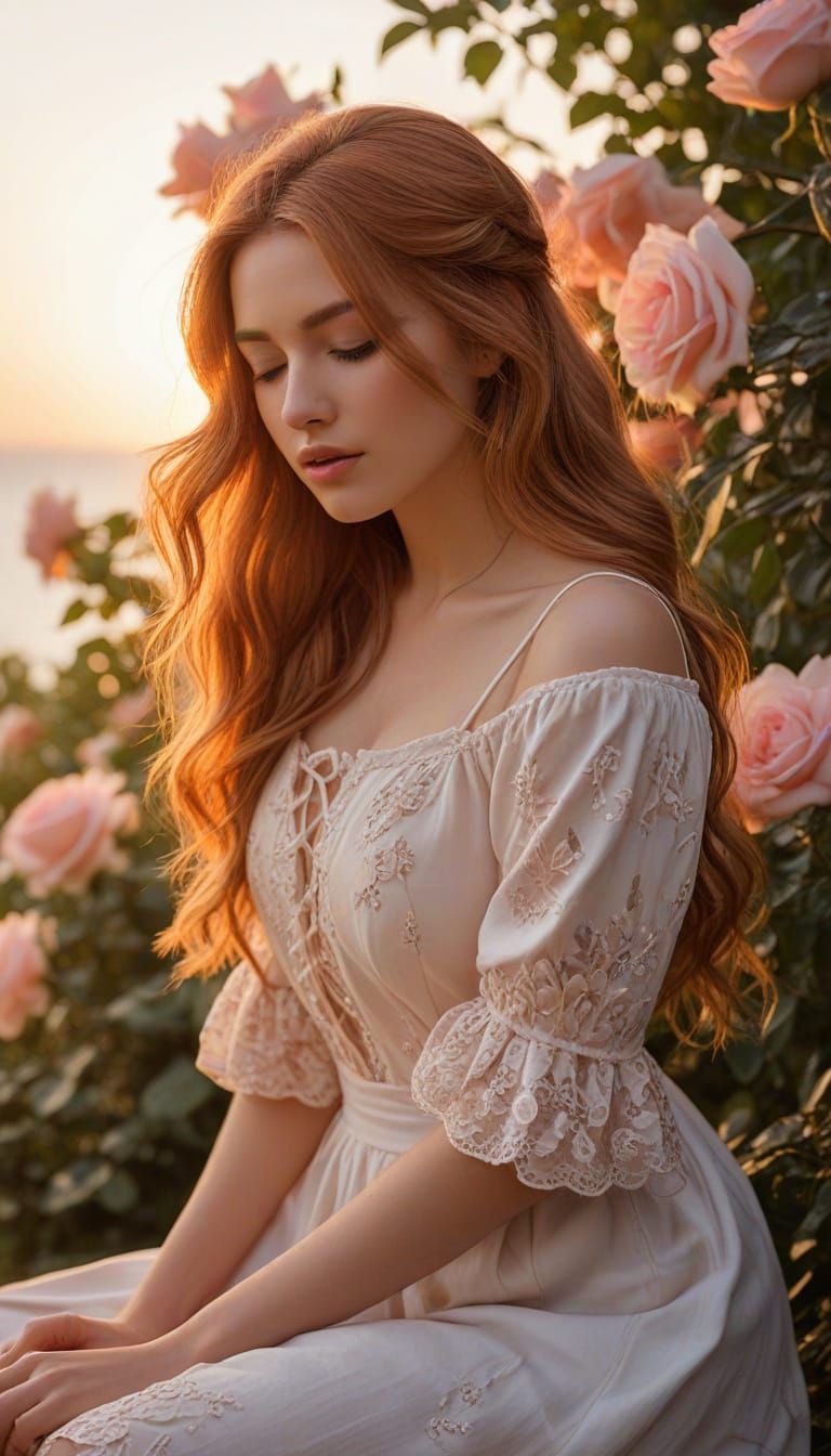 Woman Kneeling in Rose Garden at Sunset Oil Painting