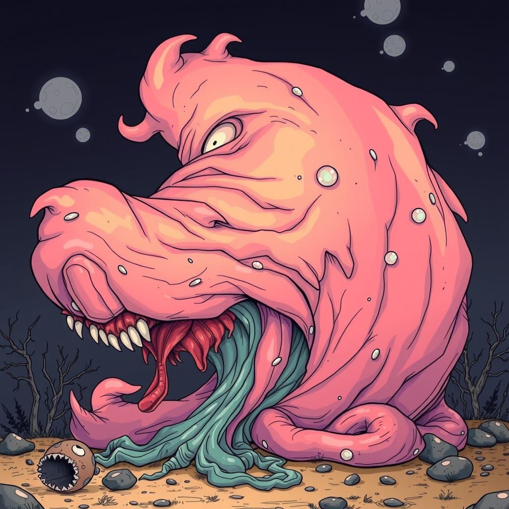 Gargantuan Cartoon Slime in Dark Fantasy World