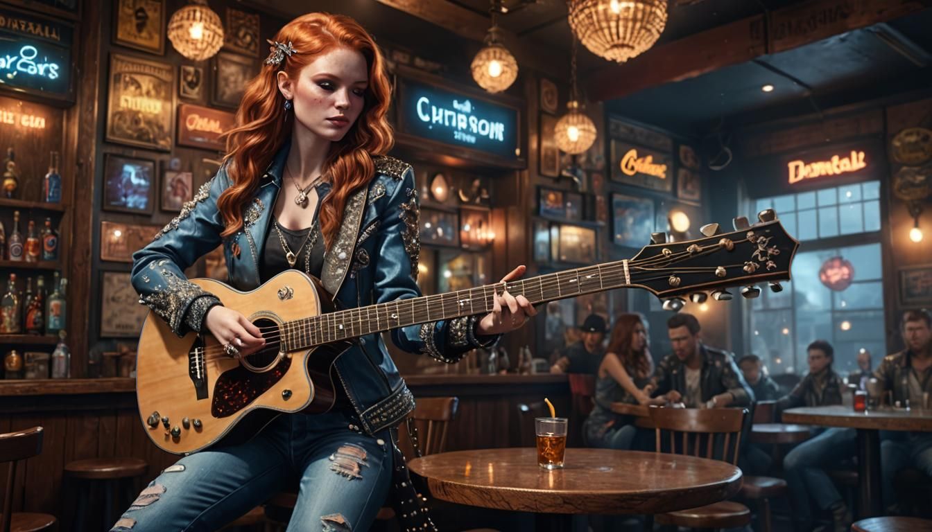 Redhead Singer in Dive Bar: Detailed Matte Painting