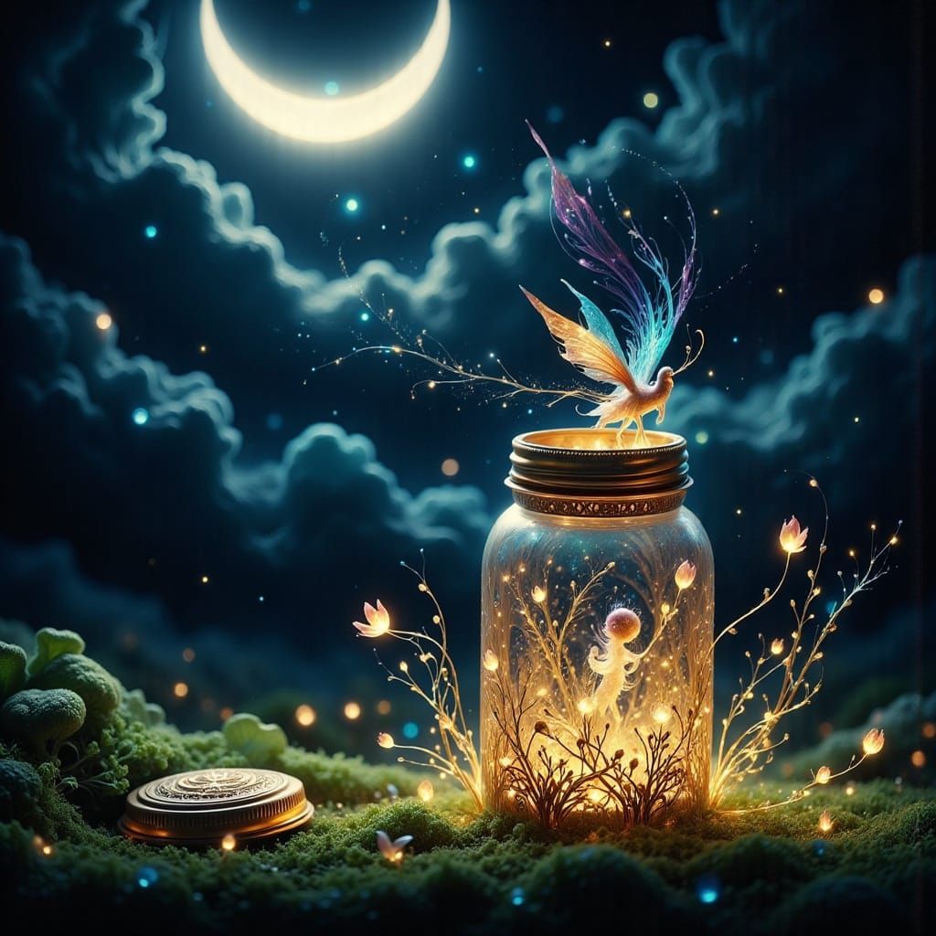 Whimsical Fairy Lights Illuminated Mason Jar in Serene Emera...