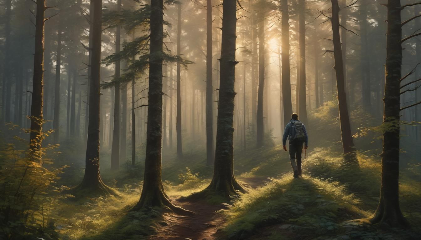 Misty Forest Hiker in Golden Hour: Oil Painting