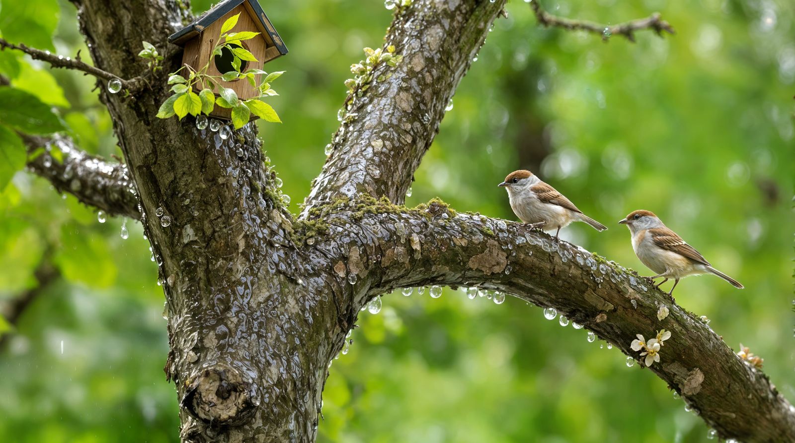 Birds Return to a Glistening Branch