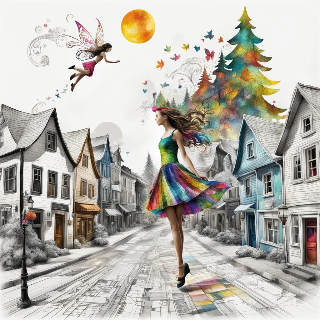 Detailed Fairy Descends on Chaotic Town Collage