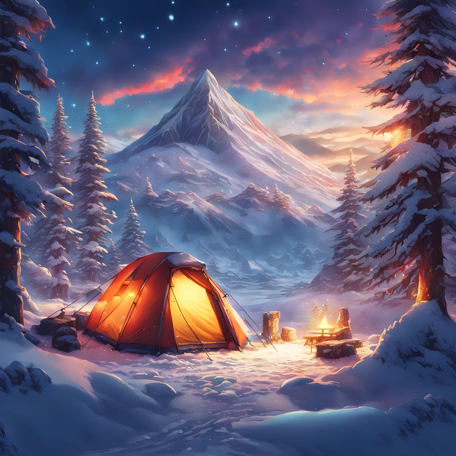 Winter Wonderland Camping Oasis in Japanese Anime Style