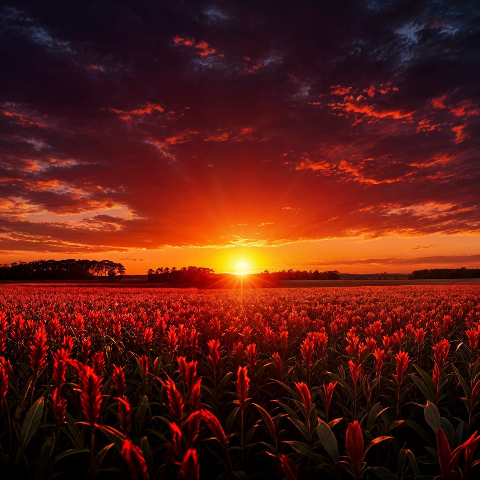 Spectacular Red Sunset with Golden Sun and Black Shadows