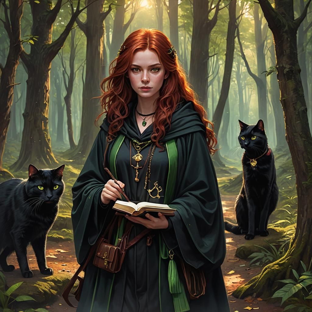 Dark Fantasy Girl in Forest with Black Cat