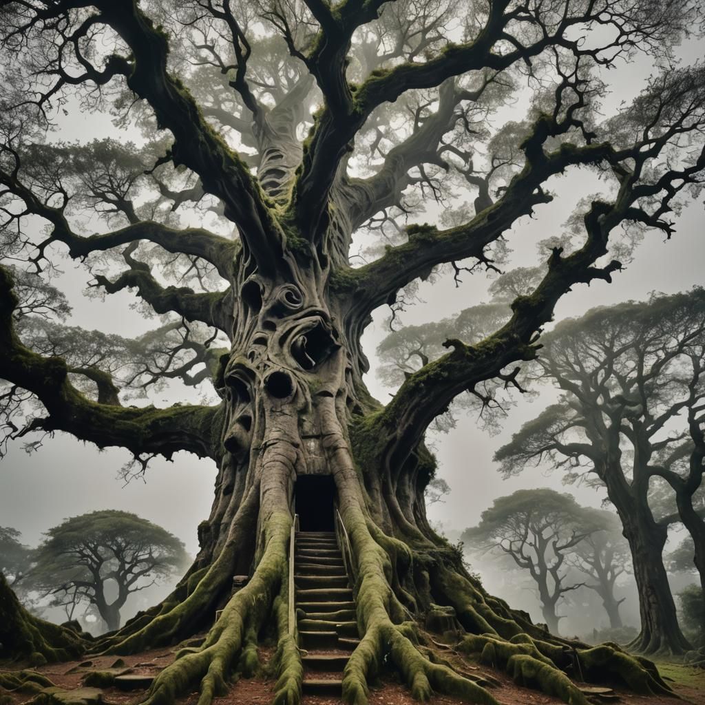 Ancient Tree Staircase with Witch