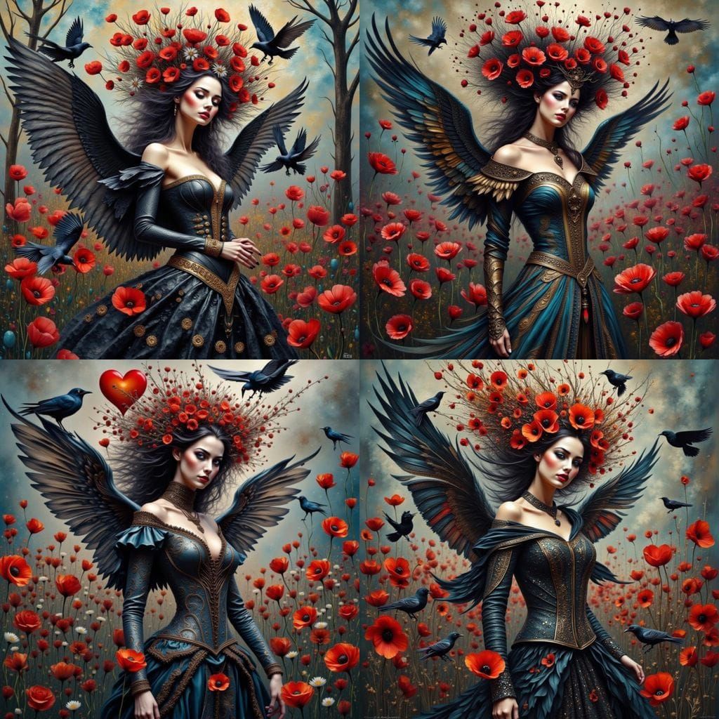 Vampire Queen in Poppy Field: Expressionist Oil Painting