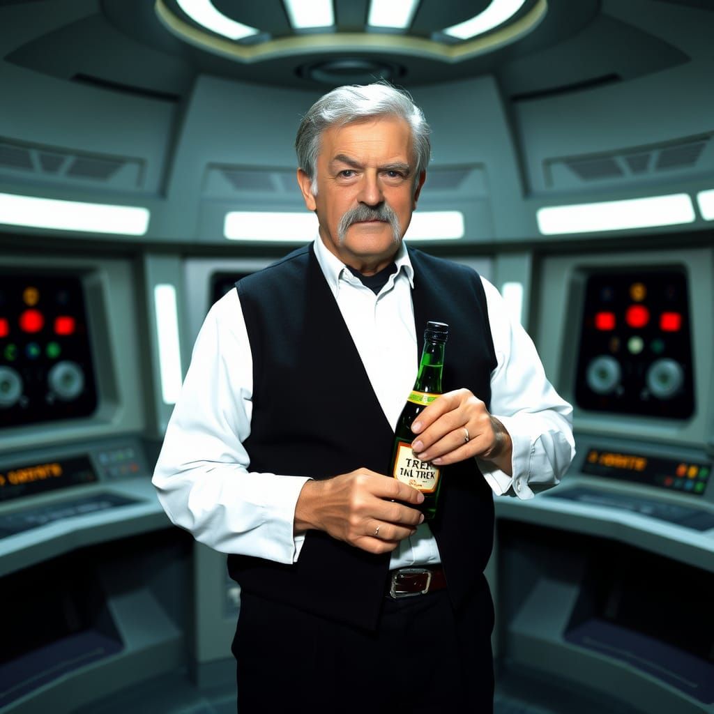 Older Scotty (James Doohan), in his black vest, white shirt, and black pants, gray hair and black-and-gray mustache, hol...