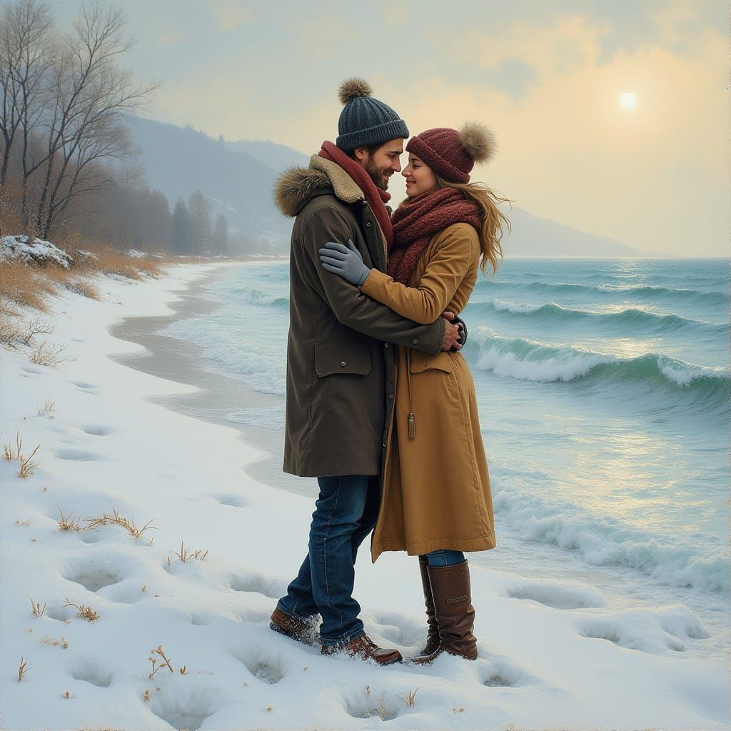 Romantic Couple on Snowy Beach at Sunset
