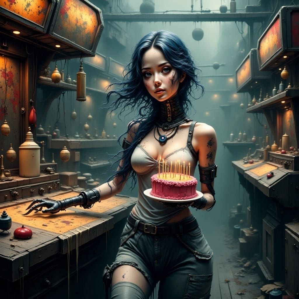 Cyborg Girl Celebrates Birthday in Post-Apocalyptic Arcade