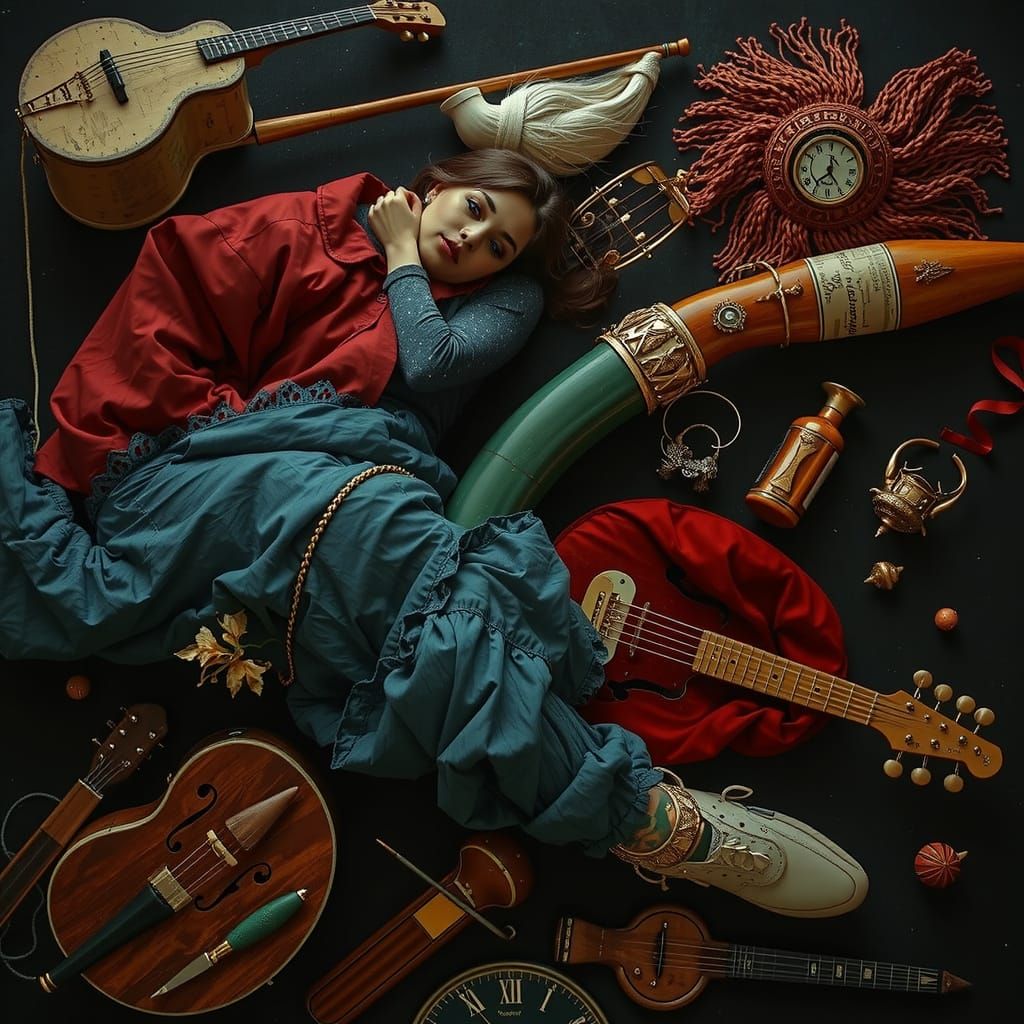 Mature Lady Amidst Enigmatic Musical Instruments