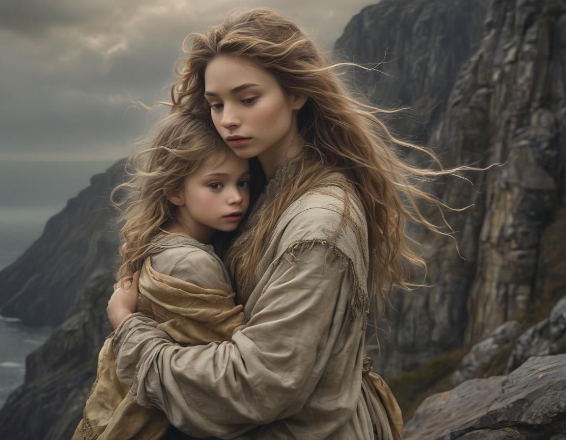 Girl Shelters Brother from Storm, Art Nouveau Illustration