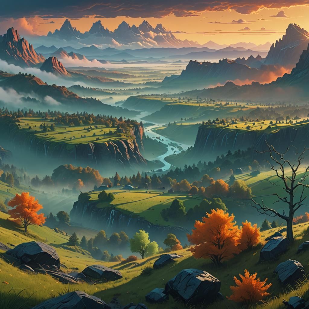 Mystical Valley Sunrise: A Digital Matte Painting