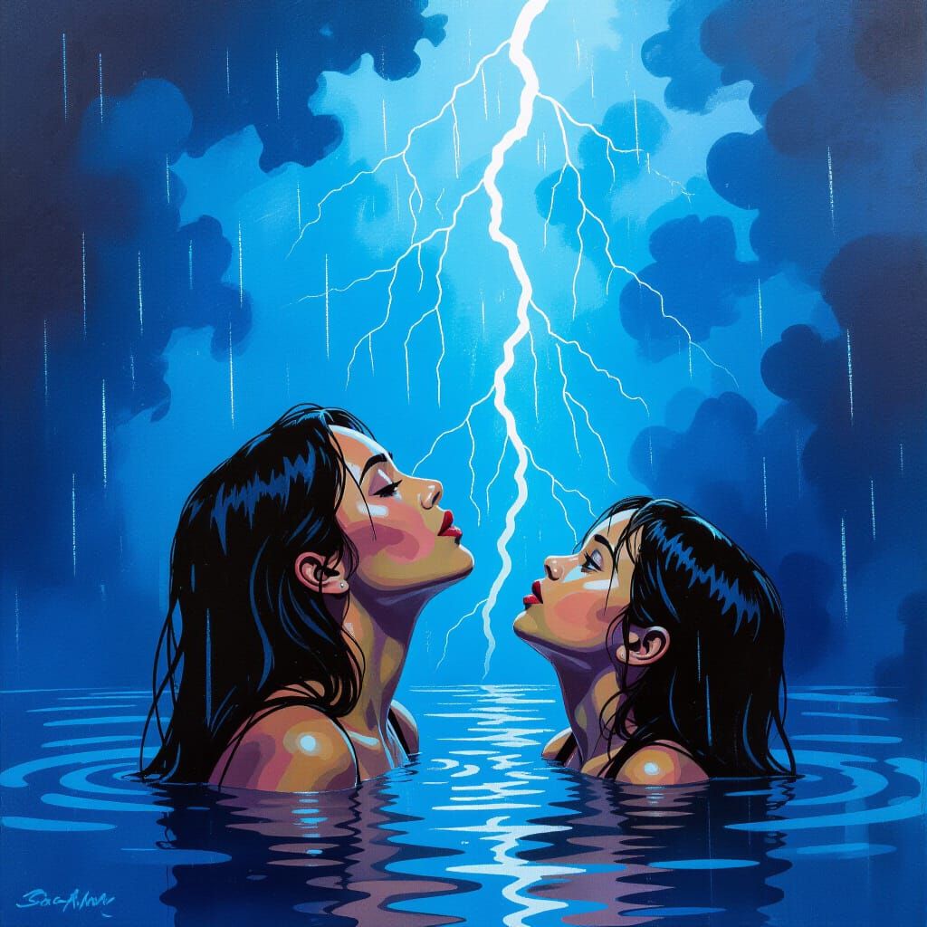 Stormy Encounter: Woman Gazes at Lightning in Deep Blue Wate...