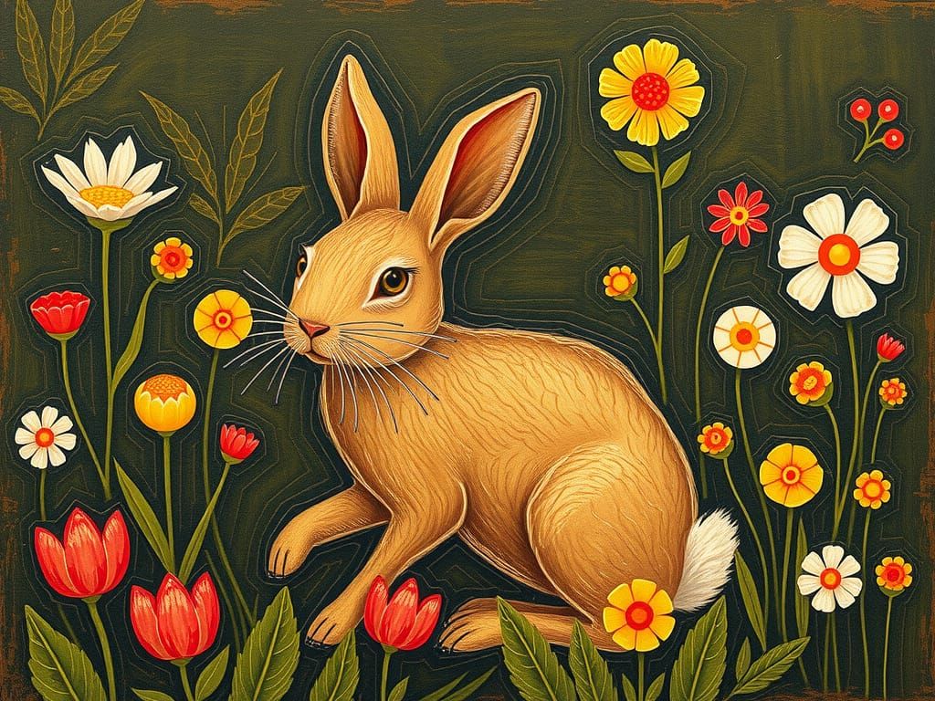 Rabbit in Flower Garden: Naive Art Illustration