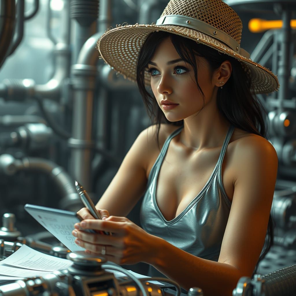 Futuristic Writer Lost in Thought with Metallic Top and Stra...