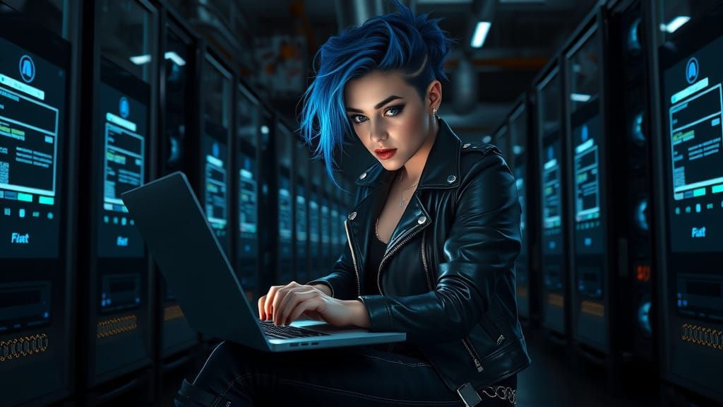 Cyberpunk Hacker in Industrial Chic Office