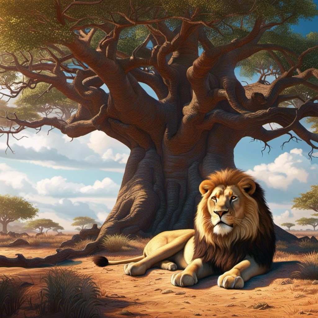 Lion in Savannah Shadow: A Matte Painting