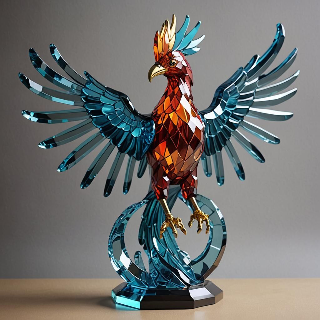 Lead Glass Phoenix Statue in Polygon Art Style