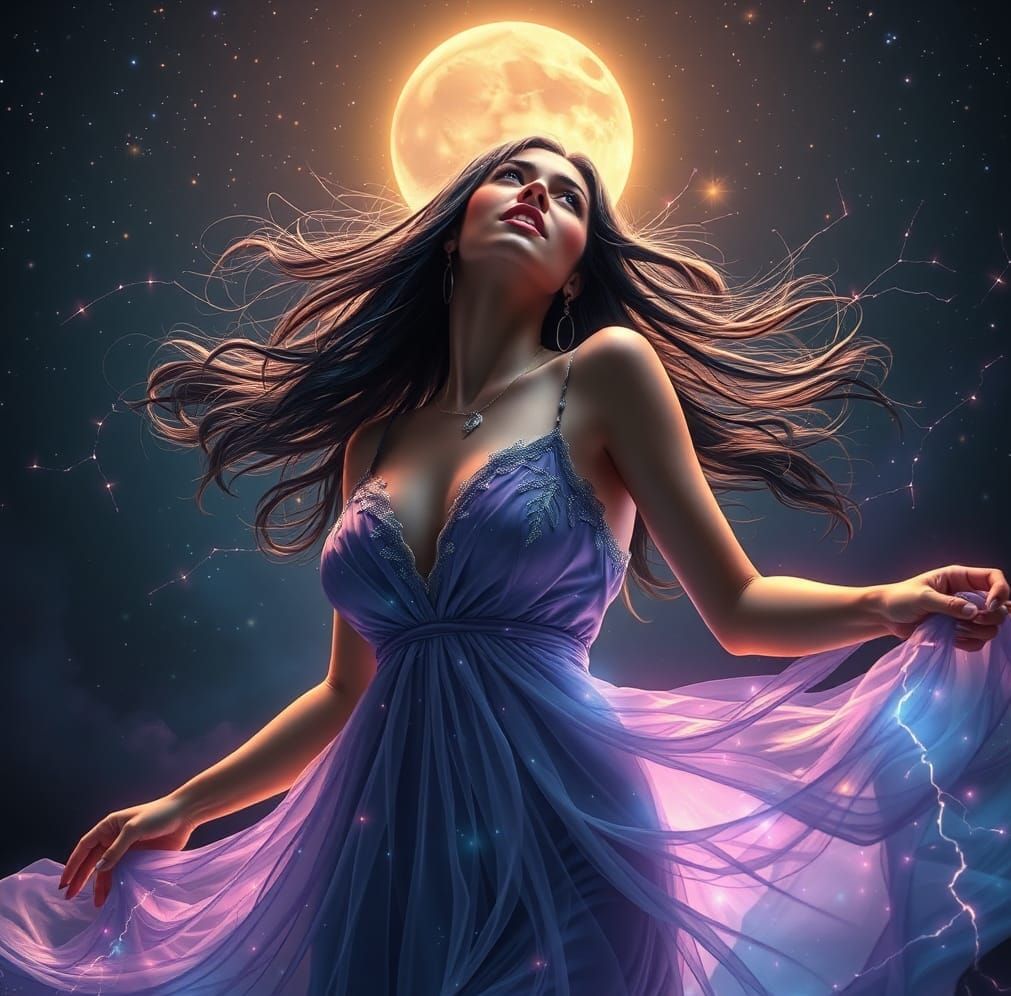 Ethereal Woman Dancing Under Lunar Starry Sky